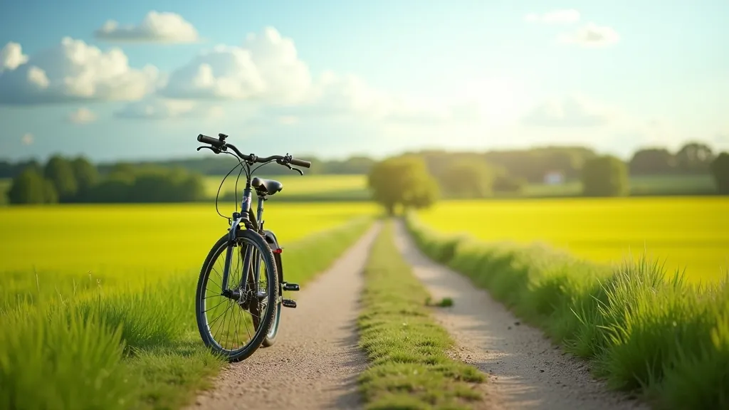 Velosipēds pret skaistiem lauku laukiem un debesīm