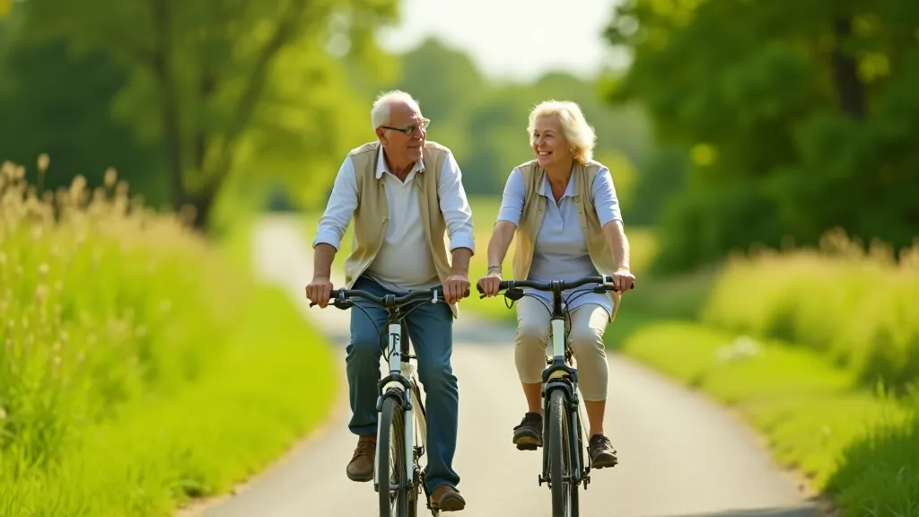 Seniori braucē ar velosipēdiem lauku ceļā, zaļi lauki un skaisti krūmi apkārt