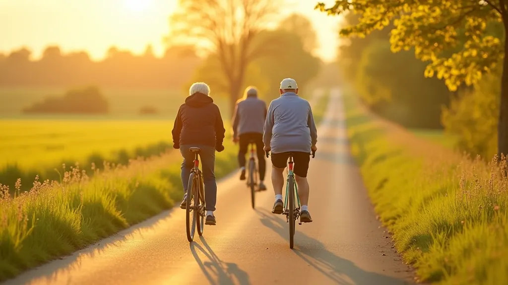 Senioru grupa braucē vēlosiepēdiem pa lauku ceļu, skaisti maki malā, pavasara lapojums