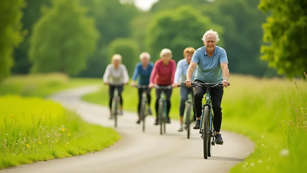 Senioru grupa braucē ar velosipēdiem pa lauku ceļu, skaista dabas ainava aizmugurē
