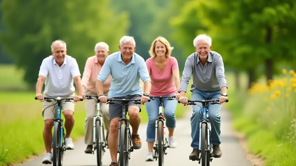 Seši seniori grupā brauciena vēlobraucienos pa lauku ceļu, smaidošies un sarunājošies