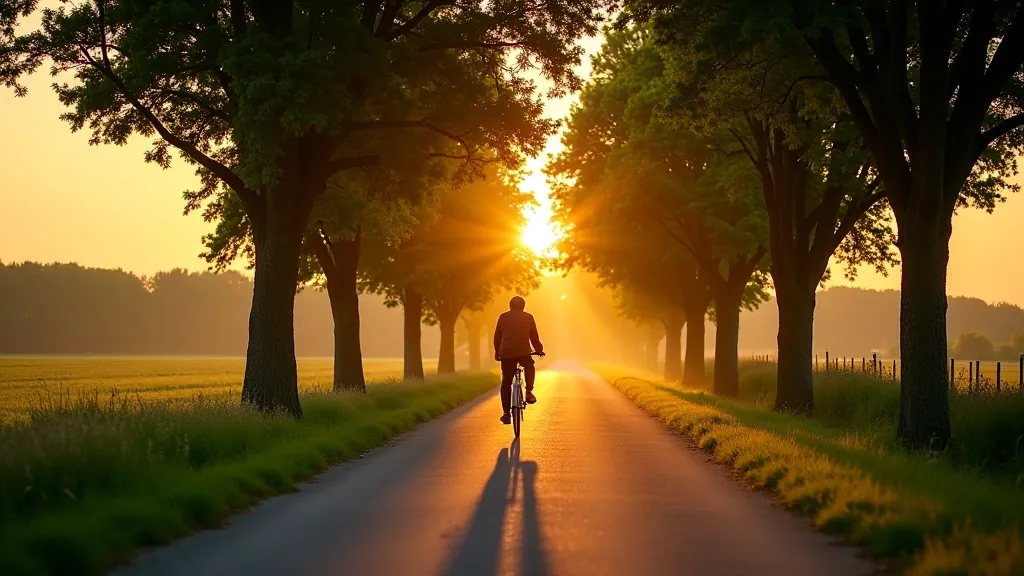 Mierīgs lauku veloceļš ar kokiem un zaļiem laukiem