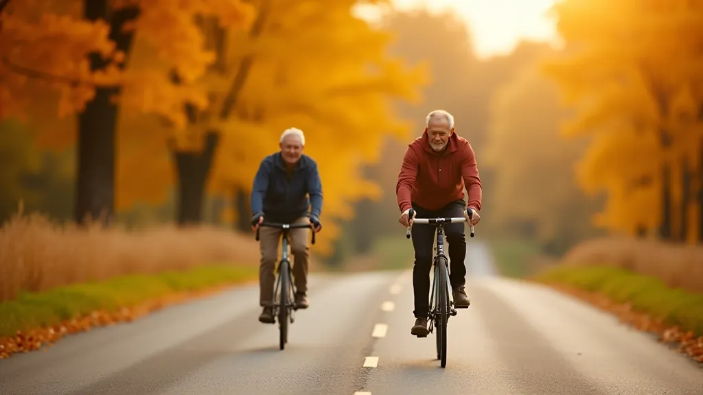 Seniori braucē pa mierīgu lauku ceļu, skaista rudens ainava