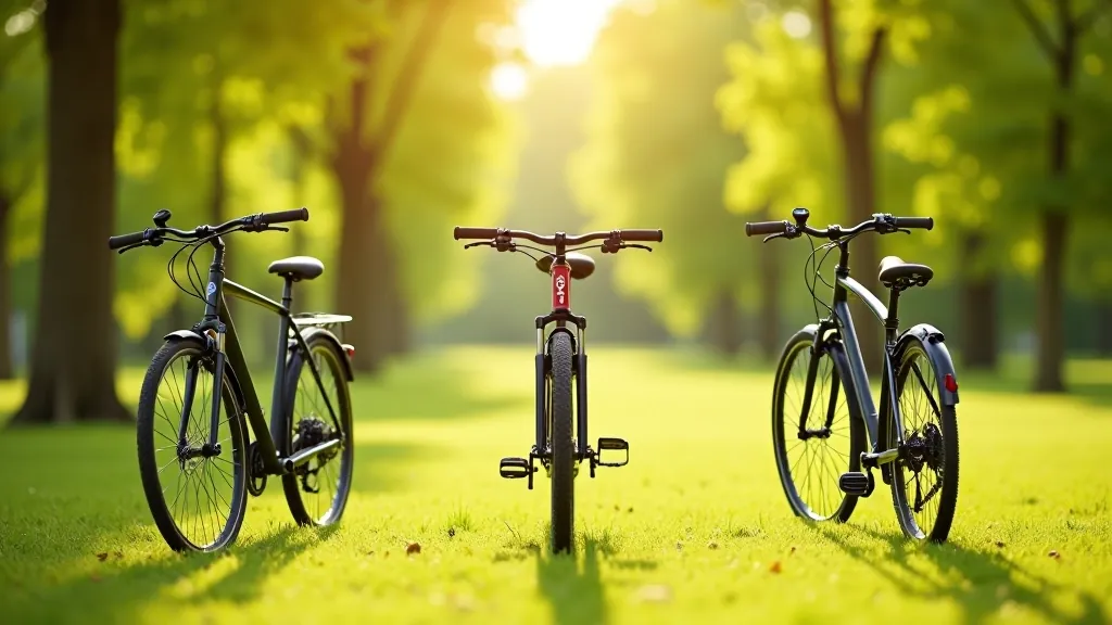Trīs dažādi velosipēdi — hibrīds, treking un sporta modelis — parkā novietoti kopā